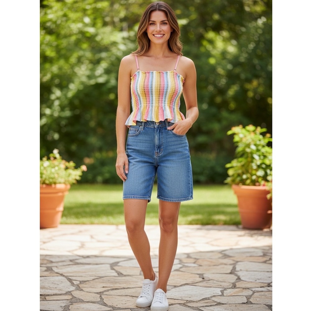 Billabong Smocked Peplum Cami Top Multicolor Striped Beach Coastal Rainbow 90s M